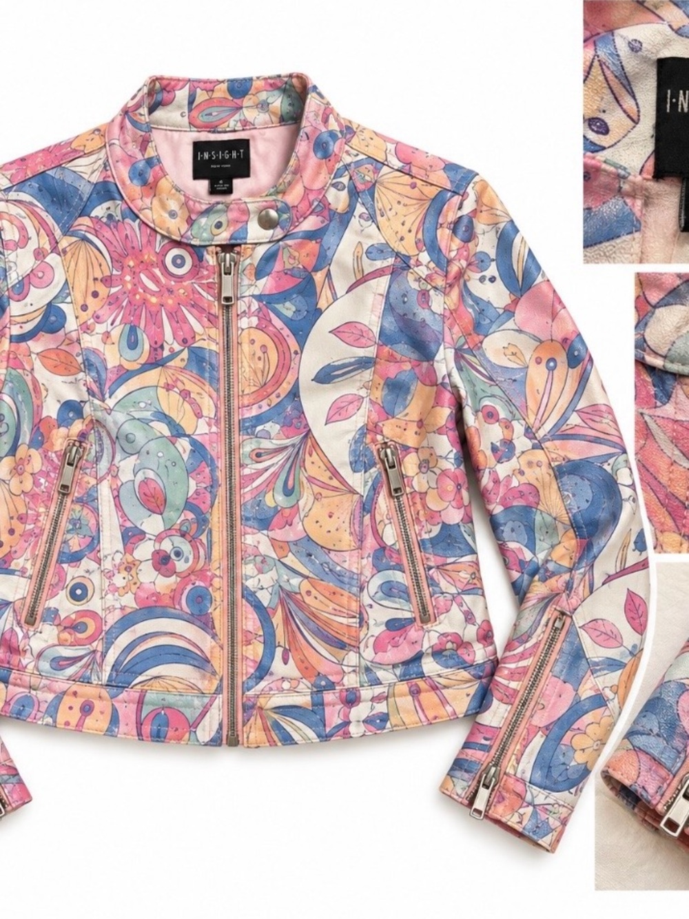 Insight Pink Blue Cream Floral Print Moto Jacket